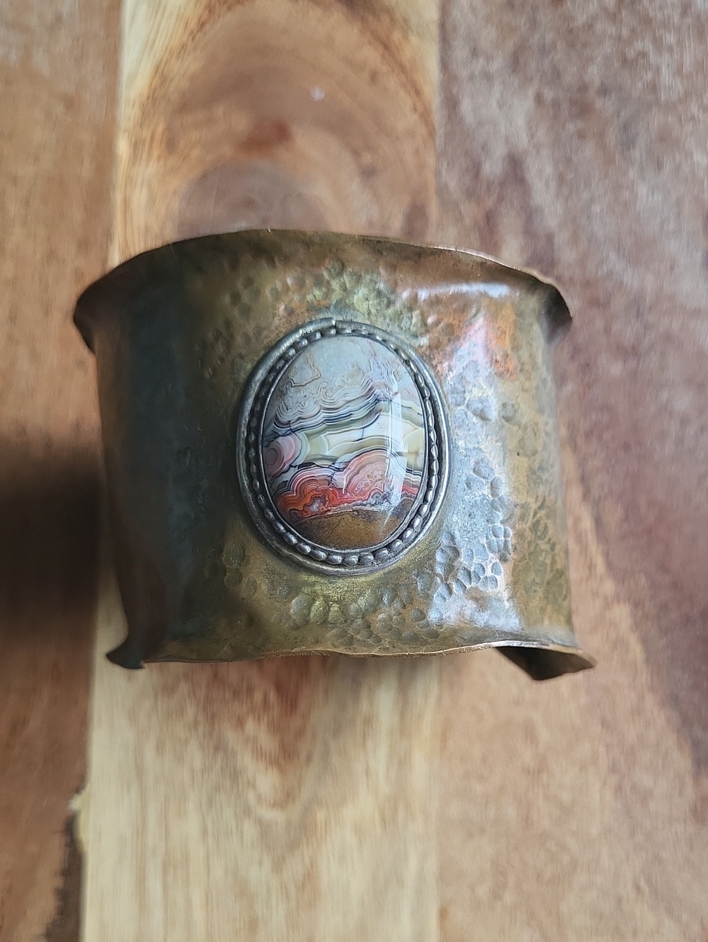 Hammered Brass Cuff Bracelet with Agate Cabochon